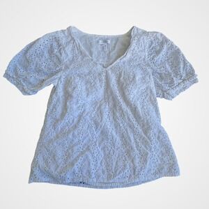 Draper James White Eyelet Cotton V-Neck Puff Sleeve Blouse Womens Size XS